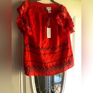 NWT - FOR THE REPUBLIC - RED EMBROIDERED OFF THE SHOULDER SHIRT